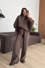 Yarasa Kol Pelerin Detaylı Pantolon Takım Kahverengi - Görsel 2