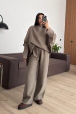 Yarasa Kol Pelerin Detaylı Pantolon Takım Safran - Görsel 2