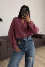 V Yaka Çizgili Oversize Gömlek Bordo