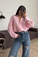 V Yaka Çizgili Oversize Gömlek Pembe