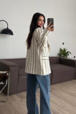 Çizgili Keten Ceket Taş Lacivert - Görsel 4