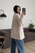 Çizgili Keten Ceket Taş Bordo - Görsel 3