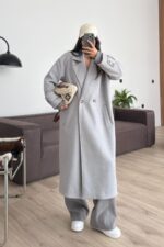 Bello Düğmeli Uzun Kaşe Kaban Gri