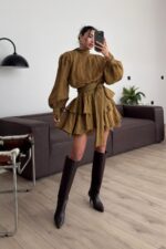 Rey Vatkalı Güpür Detaylı Elbise Hardal