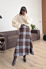 For Ekoseli Uzun Etek Lacivert Kahve