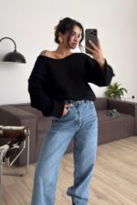 Arkası Dantel Detaylı Kazak Siyah