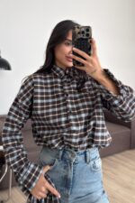 Pelerinli Ekose Gömlek Kahverengi - Görsel 2