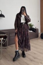 Kemerli Desenli Şifon Etek Kahverengi