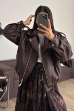 Luxury Yılan Derisi Deri Ceket Kahverengi - Görsel 2