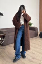 Nora Sakallı Uzun Hırka Kahverengi