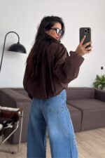 Pileli Dik Yaka Kısa Mont Kahverengi - Görsel 4