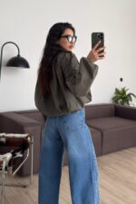 Pileli Dik Yaka Kısa Mont Haki - Görsel 4