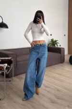 Beli Katlamalı Orta Mavi Baggy Jean
