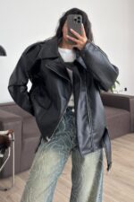 Çapraz Fermuarlı Deri Ceket Siyah - Görsel 2