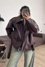 Çapraz Fermuarlı Deri Ceket Bordo - Görsel 3