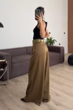 Gold Kemerli Saten Pantolon Olive - Görsel 4