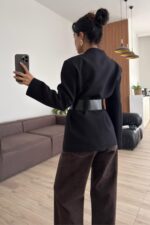 Kalın Kemerli Atlas Ceket Siyah - Görsel 3