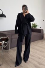 Gofre Kumaş Kimono Takım Siyah