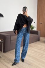 Desenli Ballon Orta Mavi Jean