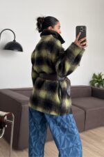 Ekose Kemerli Yünlü Kısa Kaban Yeşil - Görsel 3