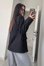 Çizgili Şallı Blazer Ceket Siyah - Görsel 6