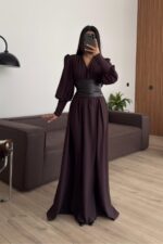 Deri Kemerli Manşet Kol Elbise Kahverengi