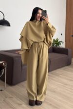 Yarasa Kol Pelerin Detaylı Pantolon Takım Haki