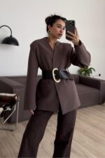 Kalın Kemerli Atlas Ceket Kahverengi