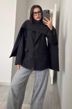 Çizgili Şallı Blazer Ceket Siyah