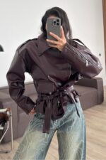 Çapraz Fermuarlı Deri Ceket Bordo