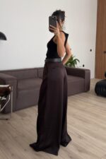 Gold Kemerli Saten Pantolon Kahverengi - Görsel 4