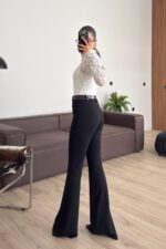 Beli Kemerli İspanyol Paça Kumaş Pantolon Siyah - Görsel 4