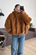 Fermuarlı Kapşonlu Peluş Hırka Taba