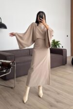 Massi Geniş Kollu Belden Bağlamalı Elbise Taş