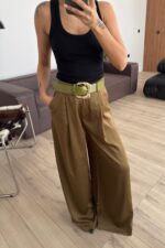 Gold Kemerli Saten Pantolon Olive - Görsel 2