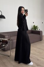 Pantolonu Pileli Bol Paça Hırka Takım Siyah - Görsel 3