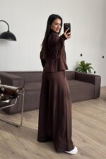 Pantolonu Pileli Bol Paça Hırka Takım Kahverengi - Görsel 3