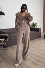 Kadife Hırka Crop Pantolon Takım Vizon