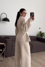 Balon Kollu Gold Düğmeli Blazer Takım Bej - Görsel 4