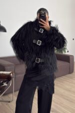 Kemer Detaylı Sakallı Kısa Kürk Siyah - Görsel 2