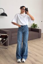 Wide Leg Baklava Taşlı Mavi Jean