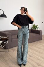 Wide Leg Baklava Taşlı Eskitme Mavi Jean