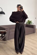 Beli Kemerli Pileli Pantolon Acı Kahve