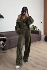 Kadife Hırka Crop Pantolon Takım Haki