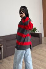 Çizgili Atkılı Triko Hırka Kırmızı - Görsel 3