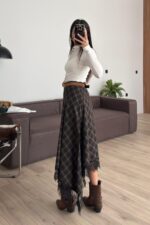 Dantel Detaylı Ekose Etek Kahve Yeşil - Görsel 3