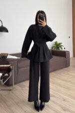 Önü Bağlamalı Pileli Takım Siyah