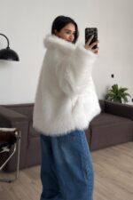 Hakim Yaka Işıltılı Kürk Ekru - Görsel 2