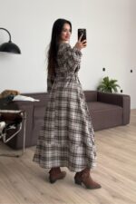 Beli Bağlamalı Ekose Elbise Kahverengi - Görsel 4