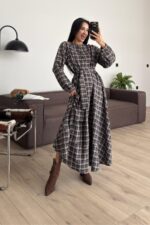 Beli Bağlamalı Ekose Elbise Antrasit